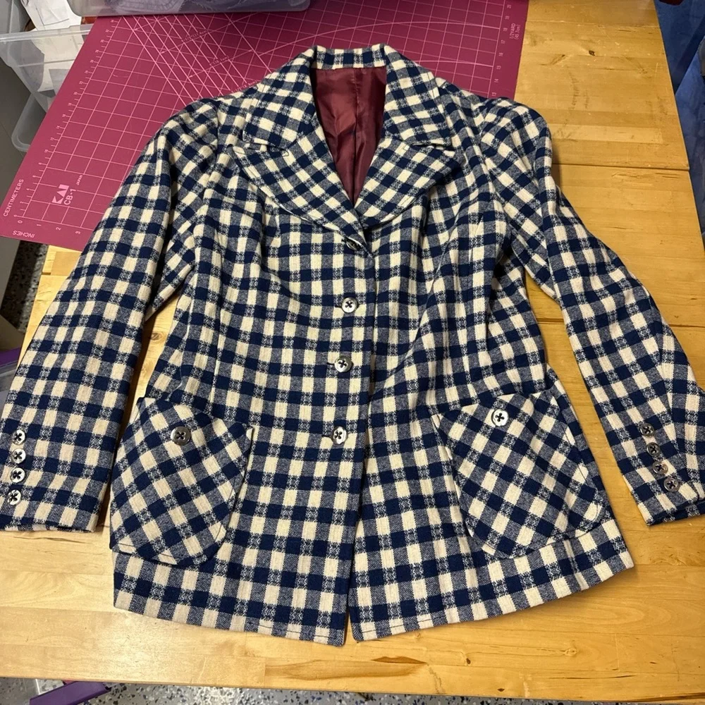 Vintage Navy White Check Wool Blazer – 70s Style - Picture 1 of 7